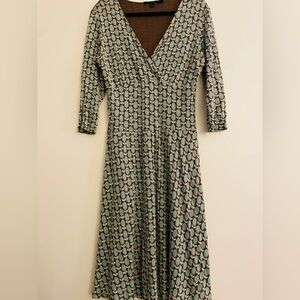 Boden Geometric Long Sleeve Wrap Dress in Duck Blue and Brown